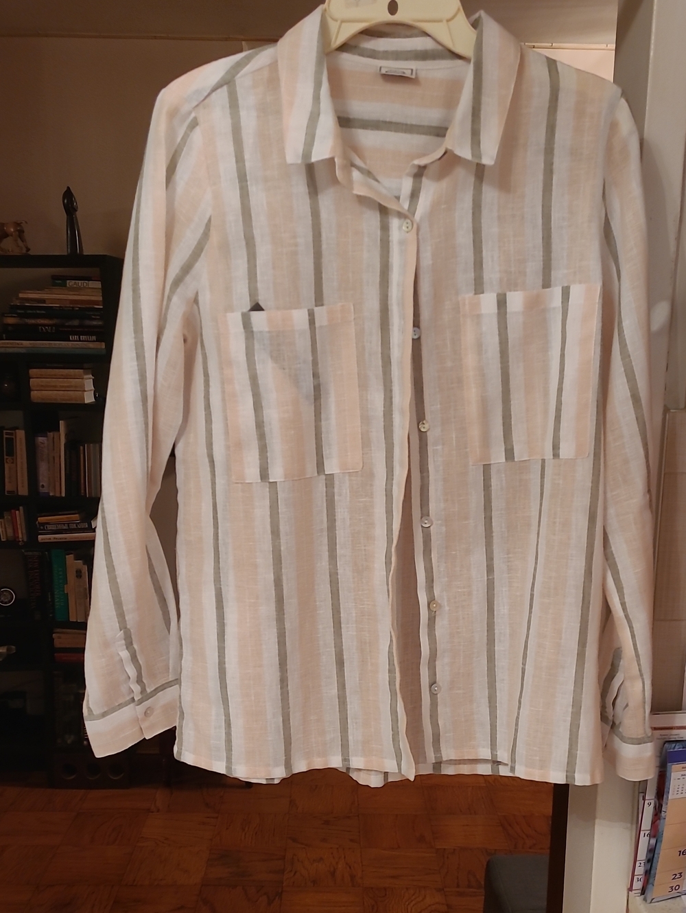 Light Beige & Gray Striped Linen Blend Button-Up Shirt Jacket